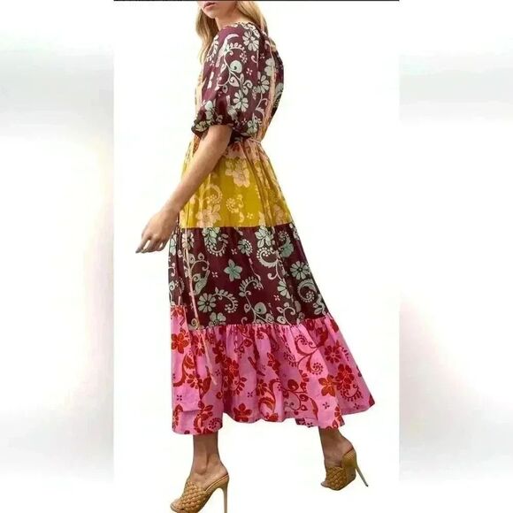 ALÉMAIS 100% Ramie Linen Multicolor Luis Wrap Puff Sleeve Midi Wrap Dress Sz 12 - Picture 6 of 15